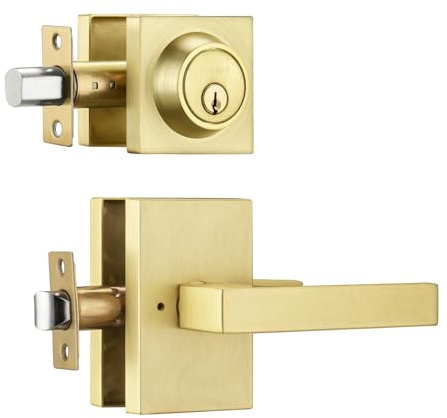 STARPY Gold Exterior Door Lock Set with Deadbolt,Sain Brass Door Handle with Lock,Heavy Duty Front Door Lock