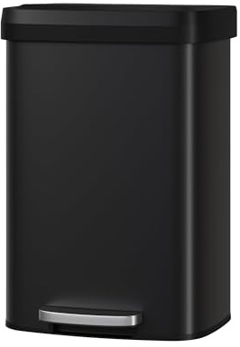 GarveeHome 50L Metall Mülleimer mit Deckel, großer Tretmülleimer, Mülleimer Küche, rostfrei, mit Beutelring, Soft-Close Kunststoffdeckel, Griff hinten, Schwarz