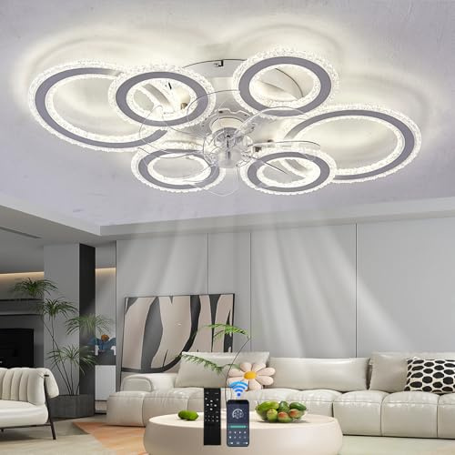 lnrosy Large Modern Ceiling Fans with Lights with Remote and App,80w Fan Light with 6 Speeds and Silent,Led Fan Lamp with Reversible and Dimmable for Bedroom Living Room Dining Room,White