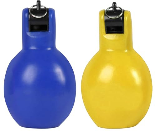 CRDARAAV 2 silbatos de mano para apretar, silbato deportivo fuerte para senderismo, interior y exterior, amarillo y azul