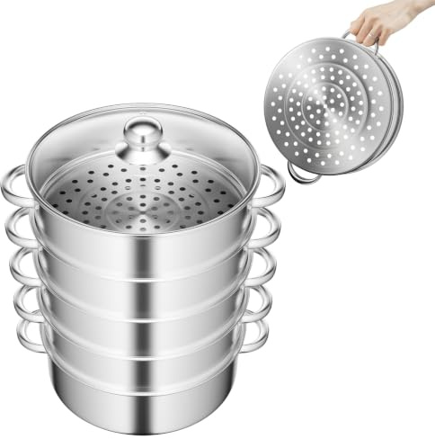 5-Stöckiger Dampfgarer Topf Mit Glasdeckel | Multifunktional Dampfkocher | Edelstahl 28 * 45cm | Schnelles Garen, Für Gas/Induktion/E-Herde, Steamer