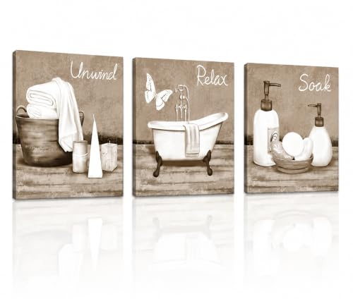 Dazzlewall Incorniciato Set di 3 Pezzi Decorazione Murale Bagno Vintage, Poster con Vasca e Elementi Spa Beige e Bianco per Bagno Toilette 20×25 cm