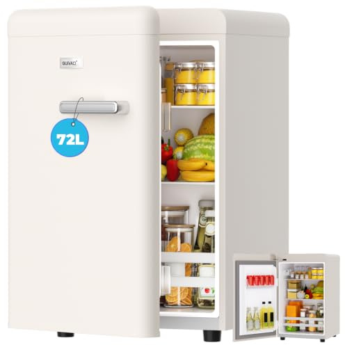 GUIVACI Frigorífico retro de 72 l – Silencioso (43 dB), 7 niveles de refrigeración, iluminación interior LED, para dormitorio, oficina, cocina y bar (blanco)