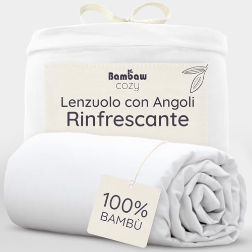 Bambaw Lenzuolo con angoli matrimoniale bambù, 180x200 cm, Altezza fino a 35 cm, Lenzuola matrimonali estive, anallergiche e antiacaro, Lenzuola rinfrescanti matrimoniali certificate Oeko-Tex (Bianco)