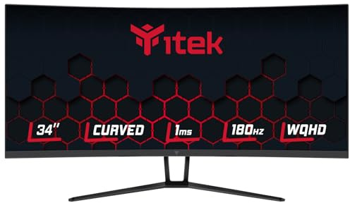 Itek monitor GGC - 34 Curvo, 3440x1440 WQHD UltraWide, Pannello VA da 180Hz, Risposta 1ms, Collegamenti 2xHDMI e 2xDP, Adapt Sync