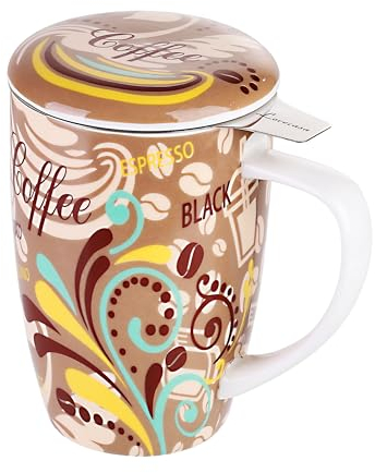 LOVECASA Taza de Te Porcelana Mug, 400 ML, Infusión con Filtro y Tapa, Color Café 400 ML