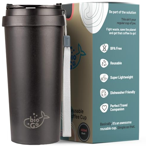 bioGo 450ml Midnight Black Travel Coffee Cup - Reusable Mug with Lid for Hot Drinks - Reusable Coffee Cups with Lids - Travel Mug/Travel Cup/Coffee Tumbler