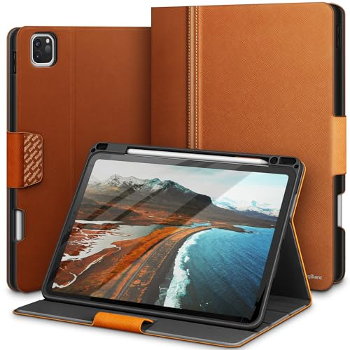 KingBlanc Hülle für iPad Pro 11 Zoll 4./3./2./1. Gen Braun | Design mit zwei Texturen, Integrierter Stifthalter, PU leder, Verstellbarer Ständer, Auto Schlaf/Wach