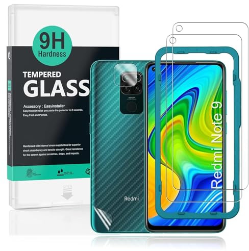 Ibywind Protector de Pantalla para Redmi Note 9 [2 Piezas],con Protector de Lente de Cámara,Atrás Pegatina Protectora Fibra de Carbono,Incluyendo Kit de instalación fácil