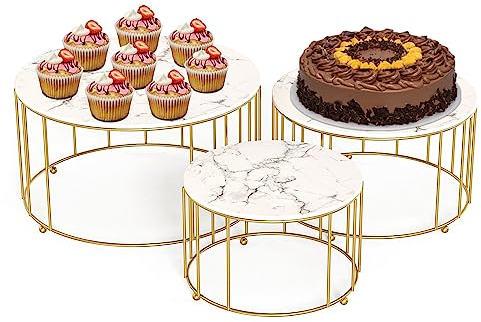 JUJOYBD Soporte para tartas de 3 piezas, soporte para cakes, plato redondo para tartas, soporte para postres de magdalenas, color dorado