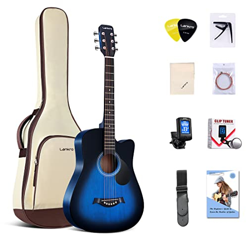 Lankro 38 Zoll Akustik Gitarre für Anfänger Westerngitarre Blau Linde Cutaway Guitarra Set mit Gig Bag Stap Learning Book Saiten Strap Tuner Picks Capo Reinigungstuch