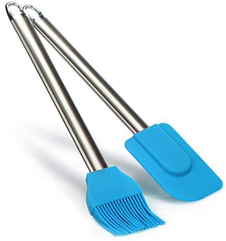 COM-FOUR® Set da forno 2 pezzi con raschietto per pasta e spazzola per dolci in silicone - spatola per pasta per la cucina - spazzola da forno con manico (2 parti - spazzola + raschietto blu)