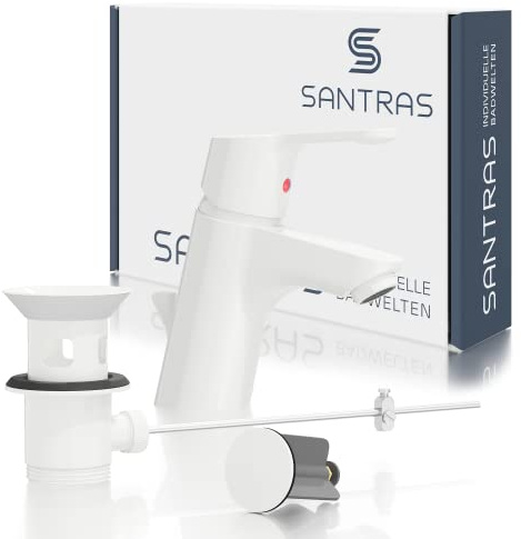 SANTRAS® Waschtischarmatur Bad in Weiß (RAL 9003, glänzend) mit Zugstange & Exzenter Ablaufgarnitur – Einhebelmischer-Mischarmatur warm/kalt für 1-Loch Waschbecken – Wasserhahn mit Ablaufgarnitur