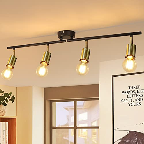 CBJKTX Deckenleuchte Vintage 4 Flammig Deckenstrahler - E27 Deckenlampe | Retro Schwarz-Gold Wohnzimmerlampe Drehbar Modern Deckenspots Industrial für Wohnzimmer Schlafzimmer Küche Gänge Esszimmer
