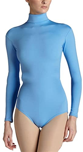 Lifup Damen Ballettanzug Langarm Body Gymnastikanzug Ballett Trikot Einteiler Bodysuit mit Rollkragen Blau S