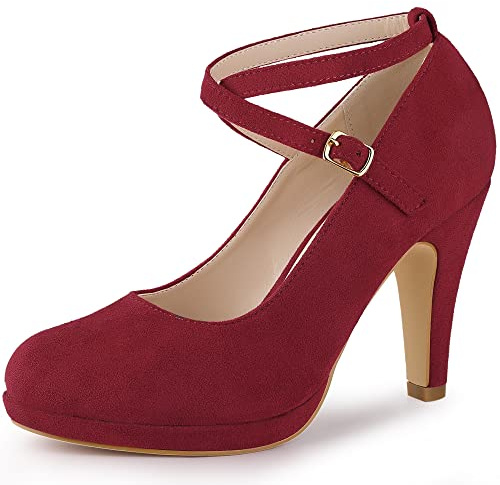 Allegra K Women Platform Cross Strap Stiletto Heels Mary Jane Pumps | Burgundy round toe. ABS heel. Party, office, evening, dating, cocktail. Easy to jeans or a skirt