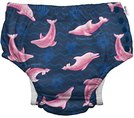 i play. by green sprouts Reusable, Eco Snap Swim Diaper with Gussets, UPF 50, Patented Design, STANDARD 100 by OEKO-TEX Certified - Navy Amazon River Dolphin - 3T