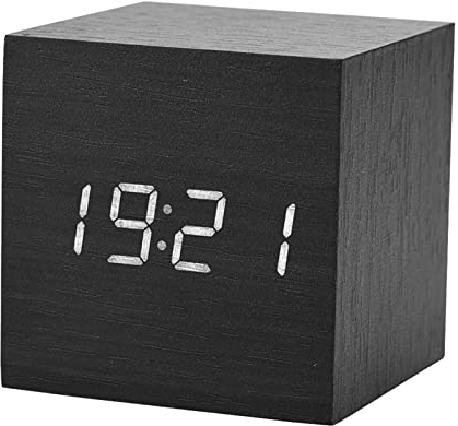 Dioche Digitaluhr, Würfel Wecker 6x6x6cm, Holz Elektronische Digital Alarm Schreibtisch Uhr Temperatur LED Display Voice Control Schwarz
