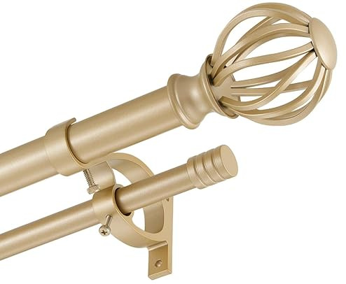 Light Gold Double Curtain Rods, 36-72 Inches, Round Finials, 1-Inch Front, 5/8-Inch Back, Telescoping