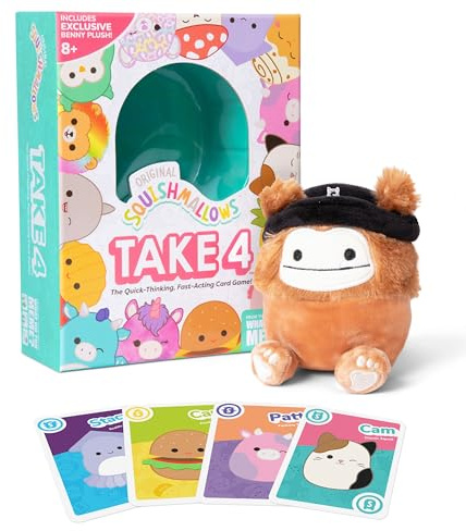 WHAT DO YOU MEME? Squishmallows Take4 - Das rasante Familien-Kartenspiel, ideal für Kinder ab 8 Jahre, inklusive Benny the Bigfoot Squishmallow, lustige Urlaubsaktivitäten