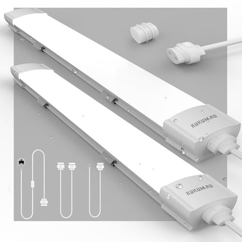 KUKUMAO LED Batten Light 6000K Daylight, 2FT Linkable 18W Workbench IP66 Plug-in Ceiling Strip for Garage, Kitchen, Workshop, Office, Shed