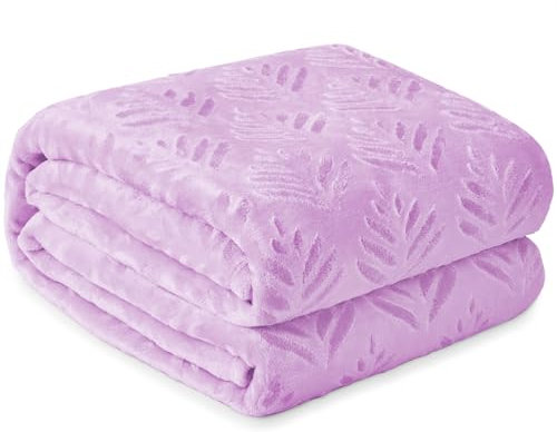 Exclusivo Mezcla Fleece Throw Blanket for Couch, Super Soft and Warm Blankets for All Seasons, Plush Fuzzy Leaves Pattern Throw, Lilac Purple Throw, 127x150 CM
