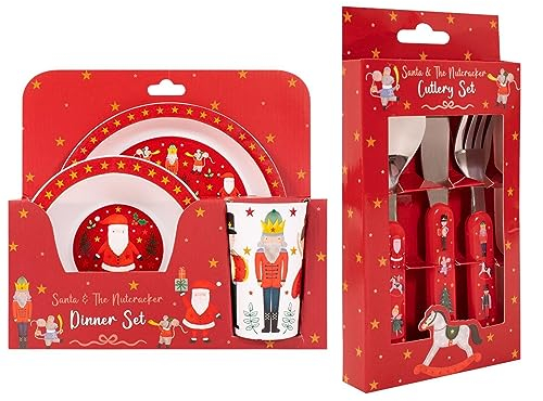 YöL Christmas Kids Santa And Nutcracker 3 Piece Cutlery Set And Dinner Set Xmas Toddler Stocking Filler Plate Bowl Tumbler Cup