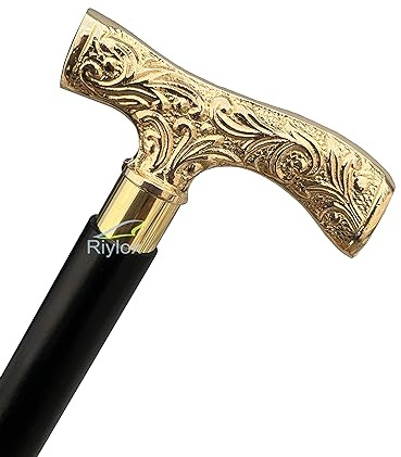 Riylox Bastón de latón antiguo de lujo, hermoso bastón de latón con mango dorado para hombres y mujeres, regalo