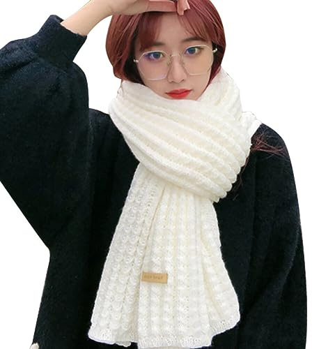 iSpchen Strickschal Damen Wollschals Mode Lang Verdickter Schal Warmer Winter Schal winddicht Halskrause Vielseitige Einfarbig Halswärmer für Outdoor-Skifahren, Skaten, Radfahren,Weiß