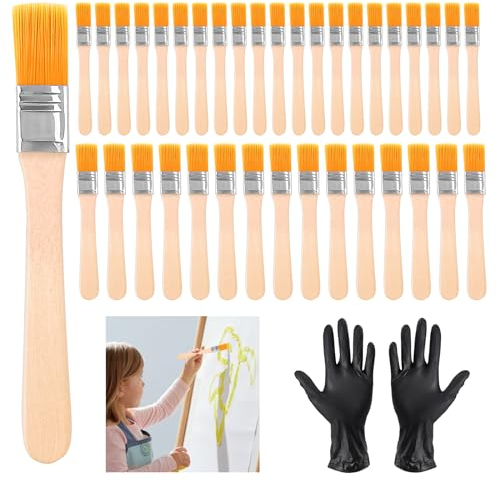VEPEPE 50 Pieza Pequeño Brochas Pintura con 4 Guantes, 1.2 cm &1.5 cm Brochas Pintor Planos Anchos Kit, Anchos Pincel con Mango Madera Pequeño para Chalk Paint Muebles Arte Pintura Suministros DIY