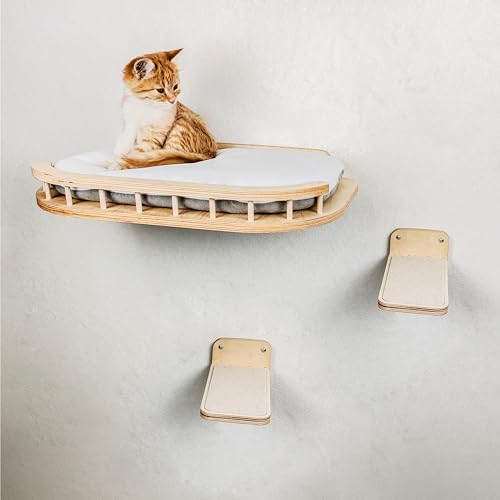 RshPets® Wandmontiertes Katzenmöbel Set: Katzenbett und 2 Stufen - Kletterwand Katzen - Katzenhängematte - Katzenregal - Katzenhängematte - Katzentreppe (Helle Farbe)