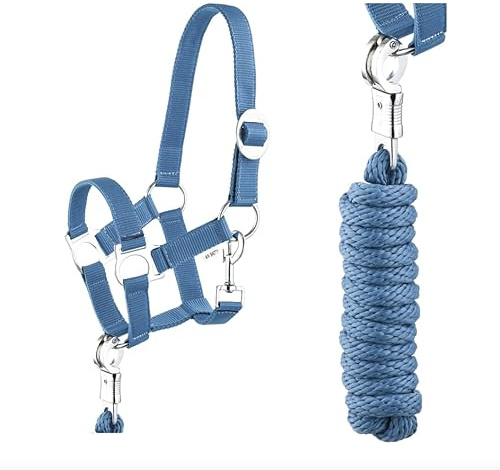 JA Horse JA4002 Essential Halfter Set Panikhaken, Blau, Pony | Verstellbares Pferdehalfter mit Führstrick & Panikhaken, Essential Anbindestrick für Pferd & Holzpferd