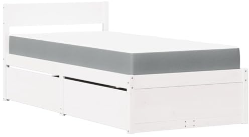 vidaXL Bett, Bettgestell mit Schubladen Taschenfederkernmatratze, Holzbett für Schlafzimmer, Einzelbett, Weiß 90x200cm Massivholz Kiefer