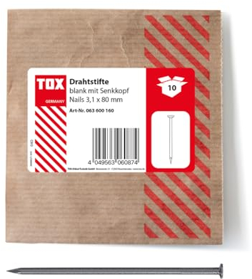 TOX 3,1x80 mm Drahtstifte Nails Senkkopf für einfache Holzverbindungen und Ebene Flächen, blanker Stahl, 10 STK. in Einer wiederverschließbaren und umweltschonenden Papierverpackung, 063600160, Silber
