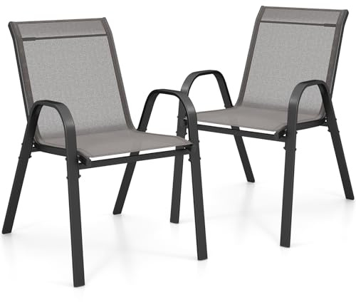 GIANTEX Gartenstühle Stapelbar 2er Set, Stapelstühle aus Textilene & Metall, Gartenstuhl Hochlehner mit Armlehnen, Balkonstuhl Gartensessel 150 kg belastbar, Terrassenstühle Outdoor Stuhl 56x70x84 cm