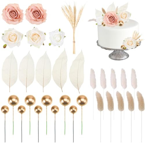 35 PCS Boho Cake Decorations CakeTopper Set, Artificial Rose Flowers Magnolia Leaves Tail Grass Barley Dried Flower Bouquet Balls, Reusable Cake Decorating Toppers for Birthday Wedding Party