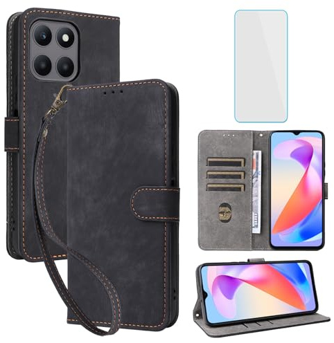 IUQXU RFID Wallet Phone Case for Honor X6A Black | with Screen Protector,Leather Flip Cover,Card Slot,Kickstand,Women Men Mobile Phone Case for Honor X 6A HonorX6A Plus