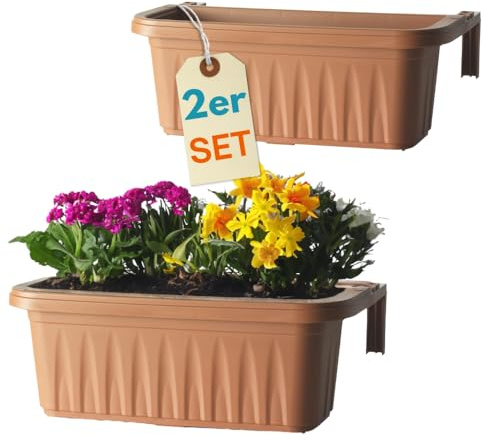 GarPet 2er Set Blumenkasten Balkongeländer Balkon Blumenkasten Balkonkasten mit Halterung Balkonkasten Geländerkasten mit Wasserspeicher 50 cm Terrakotta