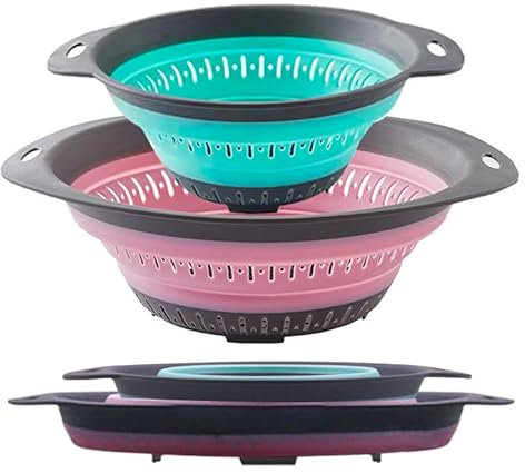Fglmctsh Collapsible Colander Set, Square Round Triangles Silicone Kitchen Strainer Perfect for Draining Pasta Vegetable fruit 2 PCS (Green & Red, 12L x 9.5W x 2.3H)
