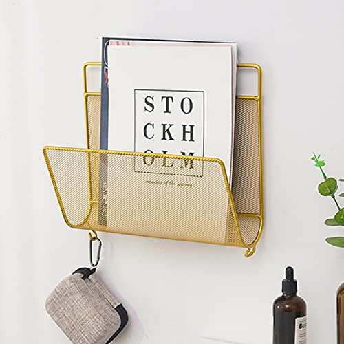 KHLMSRXJ An der Wand hängende Zeitschriftenhalterkörbe, Broschürenhalter im Metallgitter-Design, multifunktionale Buchständer zur Präsentation, Wandhalterung für Post-Organizer (Farbe: Gold