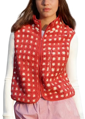 SeeLuNa Womens Checkered Sherpa Vest Sleeveless Winter Fleece Jacket High Neck Zip Up Plaid Gilet with Chest Pocket(Red,L)