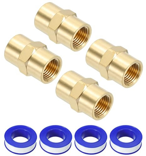 PATIKIL 1/8 x 1/8 Brass NPT Coupler with Sealing Tape, 4 Set Female Hex Head Pipe Fitting Coupling for Home Plumbing Pipes Shower Head Bases Coupling, Gold