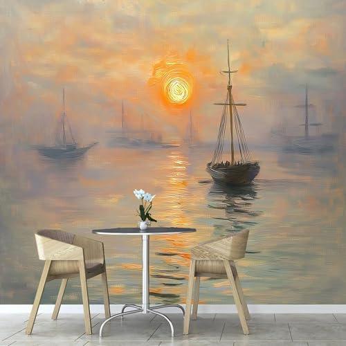 ANALTIRCE Papier Peint Photo Wallpaper Mural,3D Panoramique Murale Coucher De Soleil Voilier Peinture À L'Huile Abstraite, Papier Peint soie 250×175 cm, pour Salon, Chambre Enfant Décoration Murale