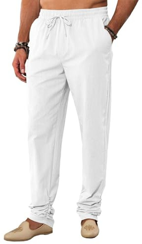 Runcati Mens Kaftan Thobe Pants Cotton Casual Elastic Waist Drawstring Muslim Trousers Summer Yoga Kurta Pants with Pockets White