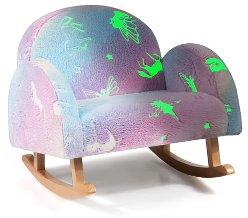 COSTWAY Kids Rocking Chair, Glow in the Dark Upholstered Children Armchair Sofa with Curved Backrest & Armrests, Wooden Flannel Fabric Toddler Rocker for Bedroom, Playroom, and Living Room