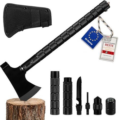 HORNTOOLS Outdoor Axt Survivor - Handbeil Set für Camping, Wandern & Outdoor - Multitool Camping Beil mit Hammer, Säge, Messer, Kompass, Feuerstein, Alarmpfeife, Körner - 850g, 34cm