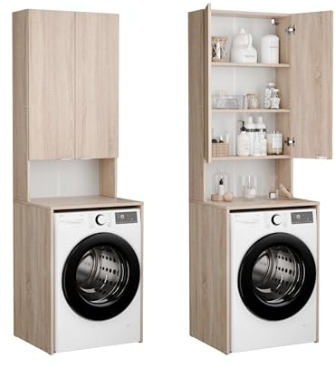 PLATAN ROOM Waschmaschinenschrank Badezimmer Hochschrank Überbauschrank für Waschmaschine und Wäschetrockner 210 x 66 x 50/56 cm weiß (Sonoma Eiche, 56 cm tief)