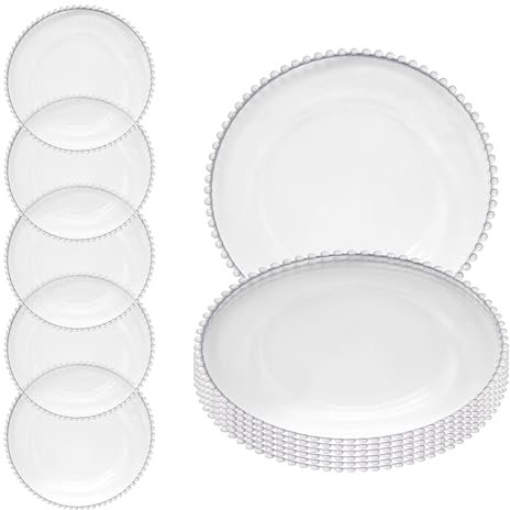 Lot de 12 assiettes de présentation élégantes en verre transparent avec une bordure perlée transparente - Vaisselle décorative de 33 cm parfaite pour les mariages, les fêtes d'anniversaire, les