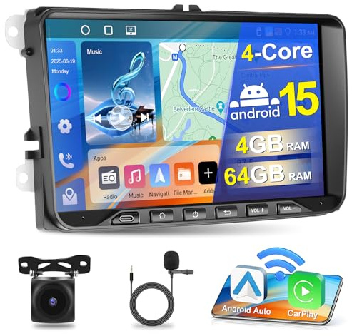 4+64G Motorsi Autoradio für VW Seat Passat Golf 5 6 Polo Skoda mit Apple Carplay Android Auto, 9-Zoll Stereo Radio Android 15.0 Radio mit GPS/WLAN/Bluetooth 5.0/EQ/FM/RDS, AHD-Rückfahrkamera, Mikrofon