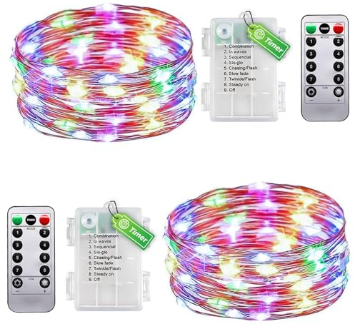 taiyongkang 2er Pack Draht Lichterkette Innen Batterie mit Timer & Fernbedienung - 5m 50LED Bunt - Kleine Lichterkette für Schlafzimmer, Weihnachten, Hochzeit - Auch Outdoor Nutzbar